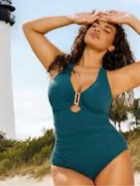Shapellx NWOT Teal Plunging V-Neck U-Wire Shaping One Piece Swimsuit XL